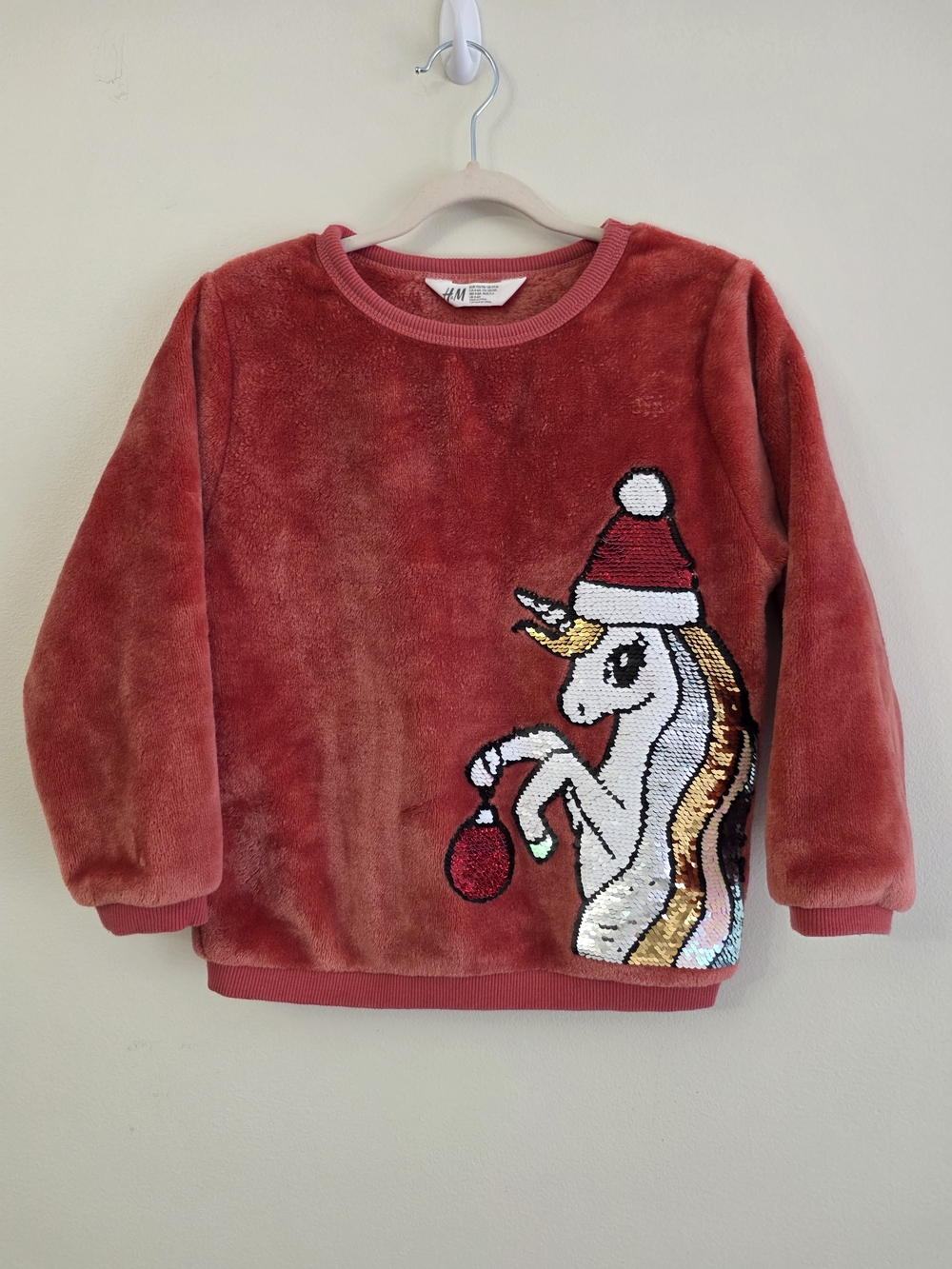 H&M Red Plush Unicorn Reversible Sequin Sweater
